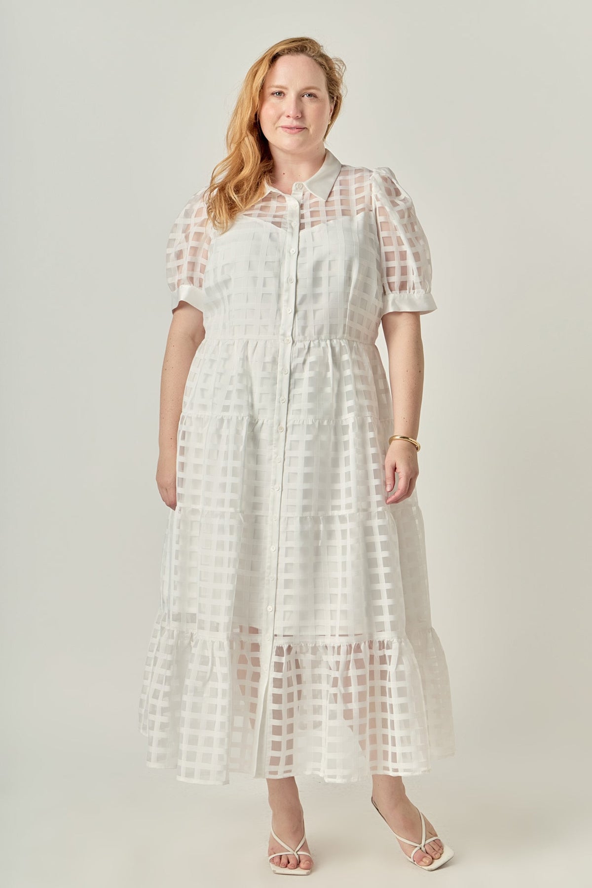 ENGLISH FACTORY - Plus Size Gridded Organza Tiered Maxi Dress - DRESSES available at Objectrare