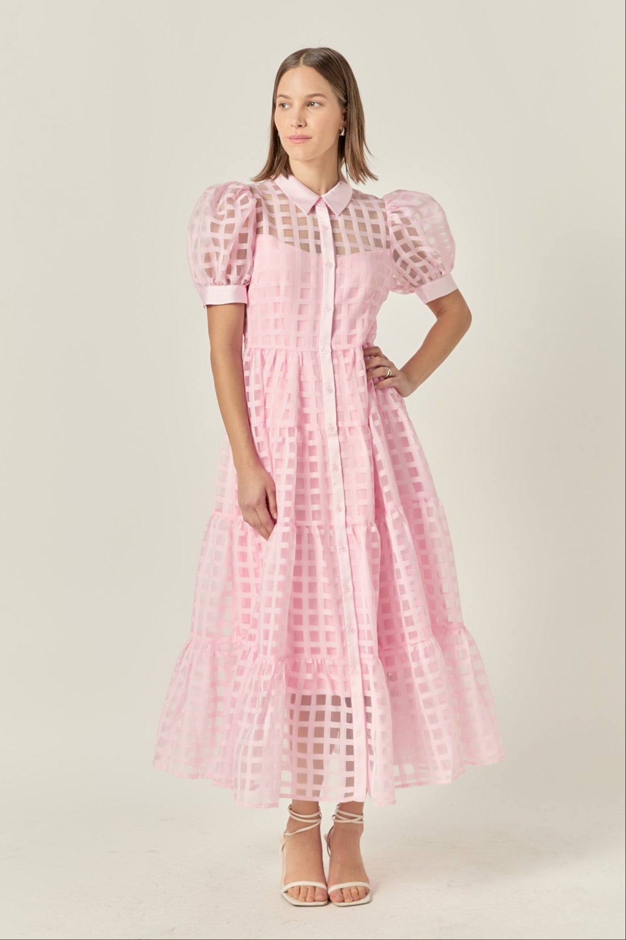 ENGLISH FACTORY - English Factory - Gridded Organza Tiered Puff Sleeve Maxi Dress - DRESSES available at Objectrare