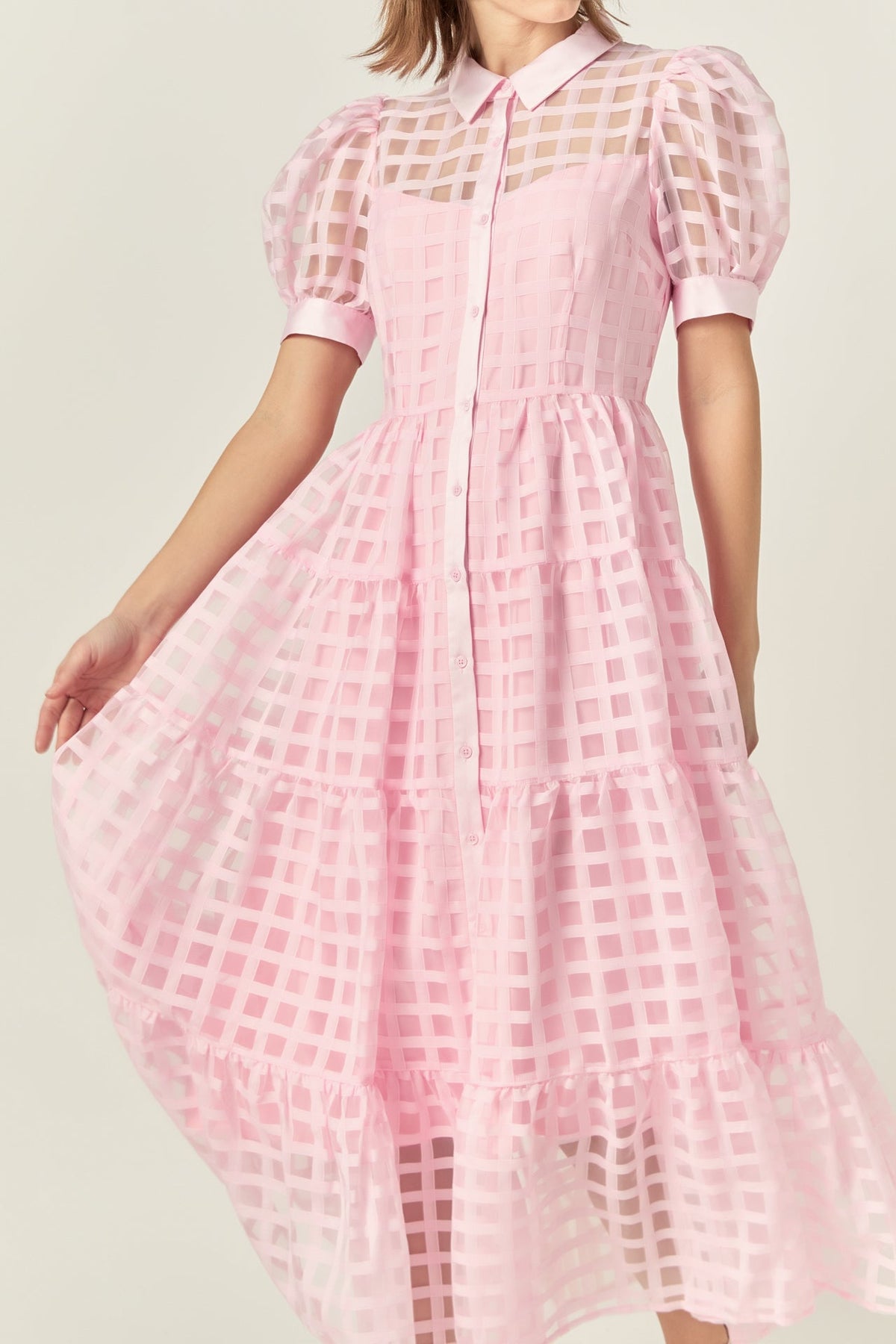 ENGLISH FACTORY - Gridded Organza Tiered Puff Sleeve Maxi Dress - DRESSES available at Objectrare