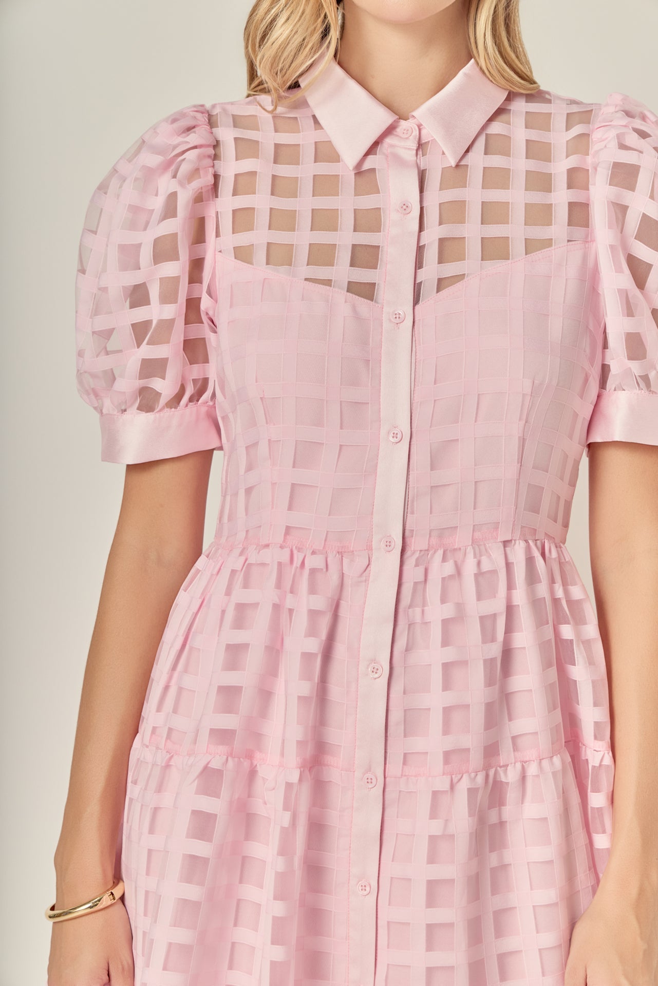 gridded organza tiered maxi dress Gridded Organza Tiered Collared Maxi Dress