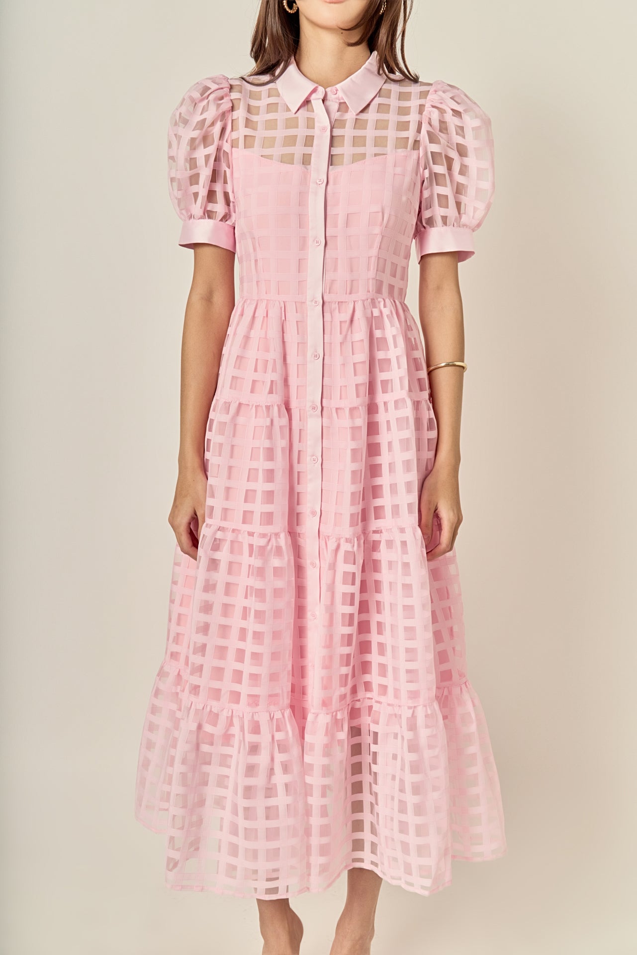 Gridded Organza Tiered Maxi Dress