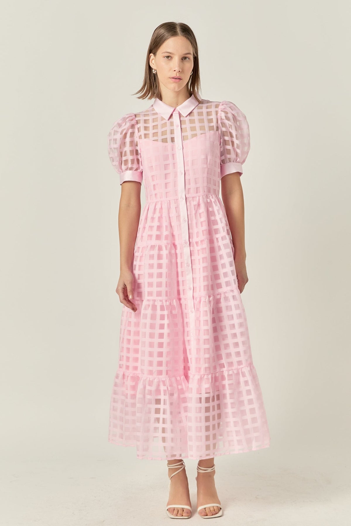 ENGLISH FACTORY - English Factory - Gridded Organza Tiered Puff Sleeve Maxi Dress - DRESSES available at Objectrare