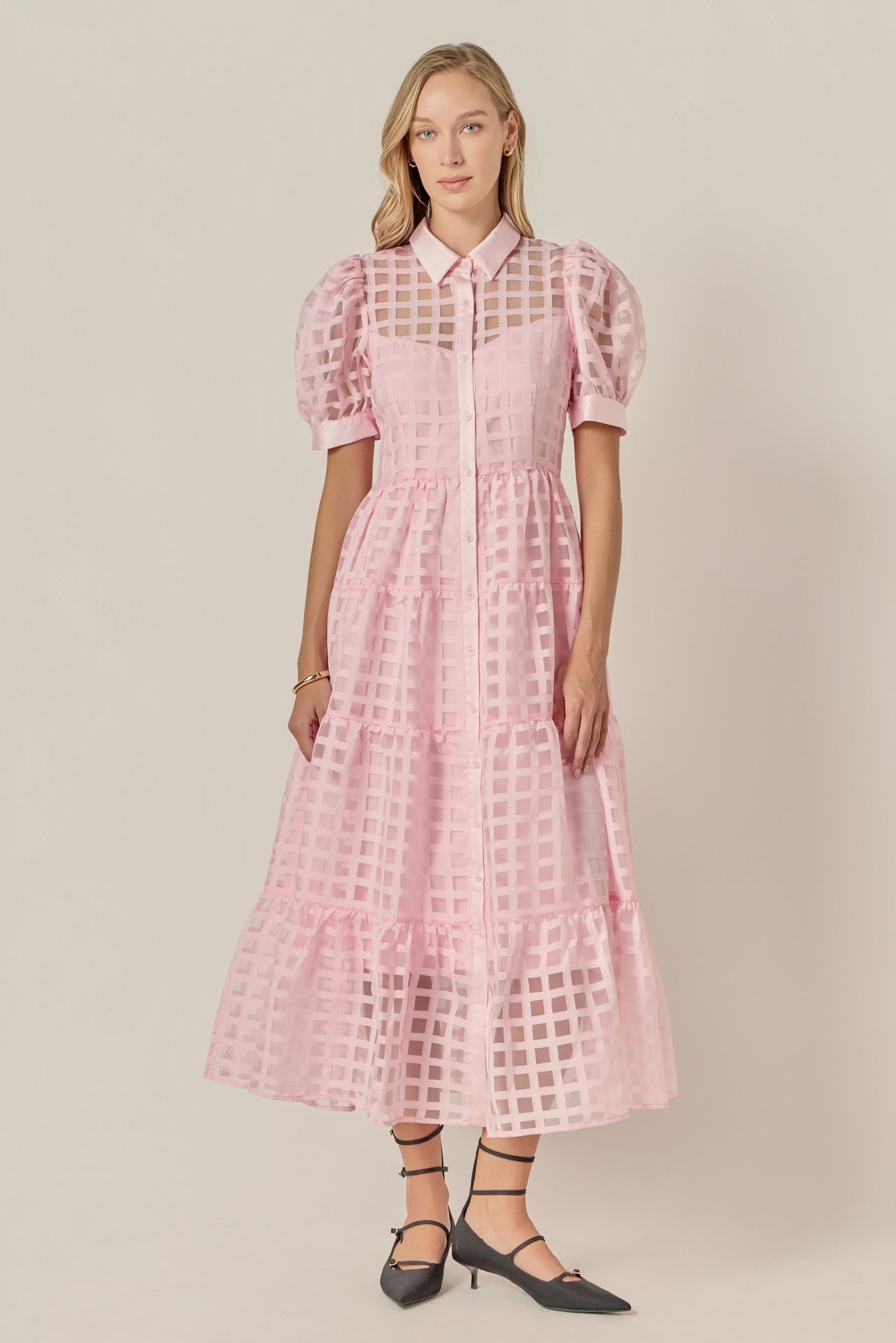 Gridded Organza Tiered Maxi Dress