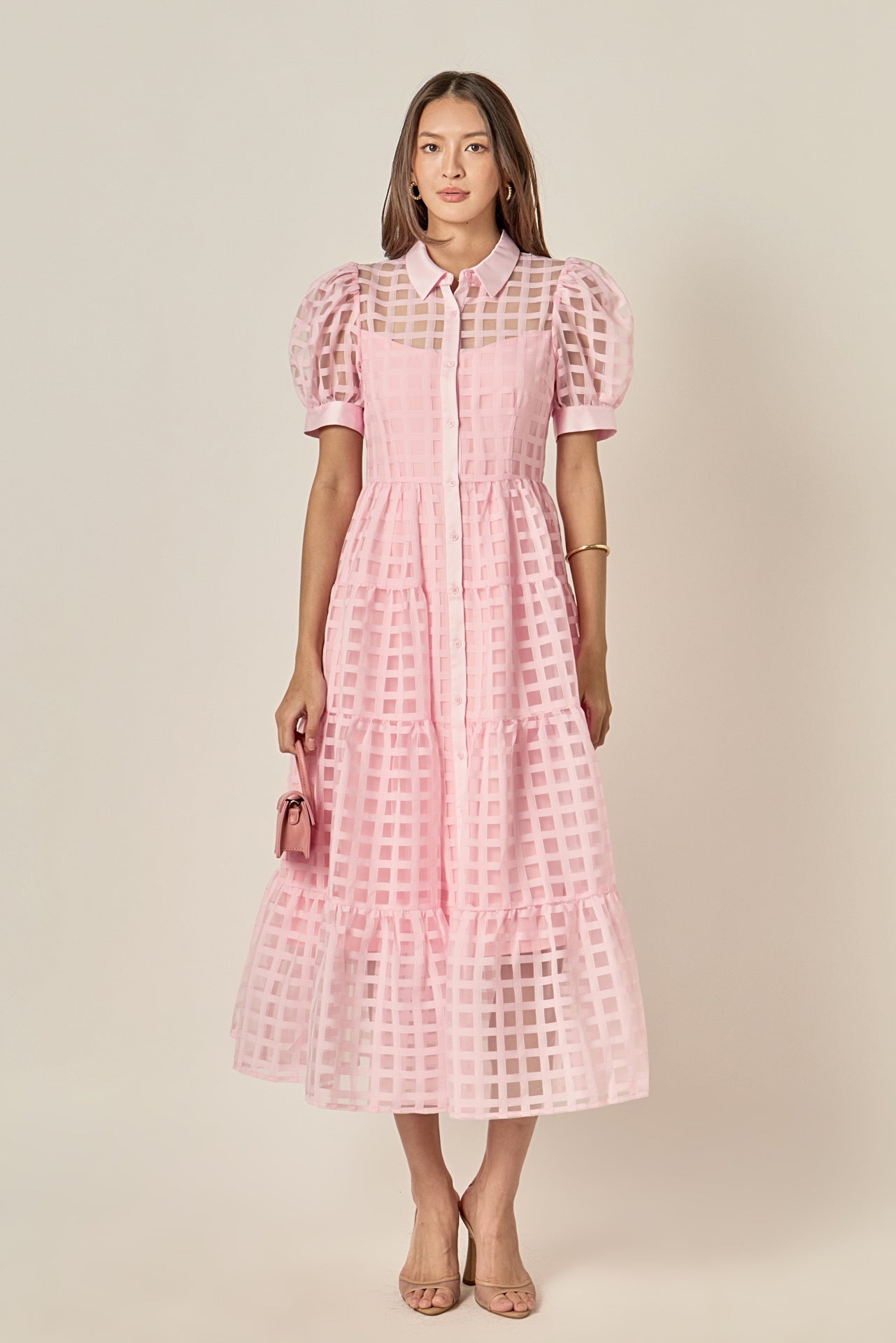 Gridded Organza Tiered Maxi Dress