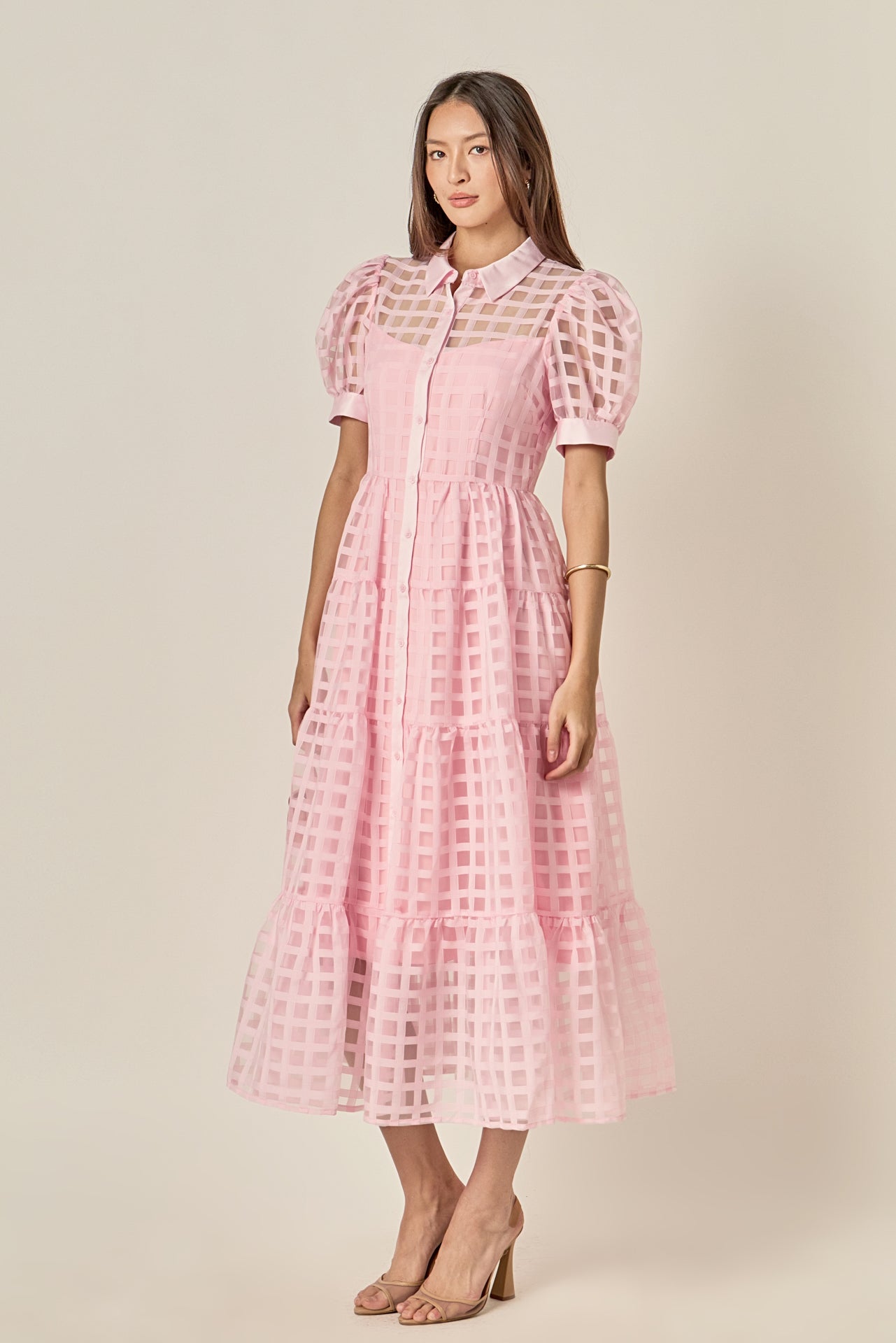 Gridded Organza Tiered Maxi Dress