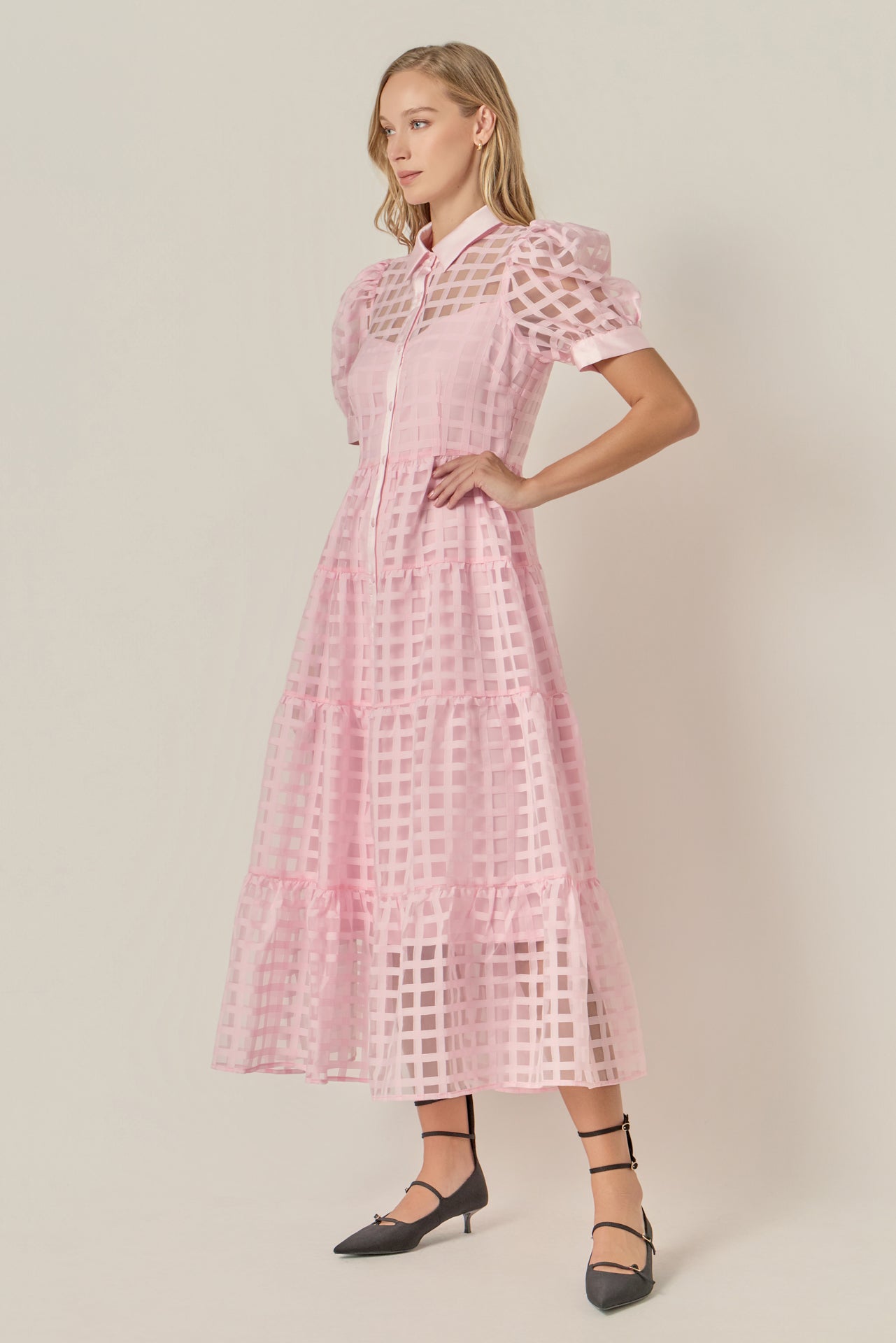 ENGLISH FACTORY - Gridded Organza Tiered Maxi Dress - DRESSES available at Objectrare