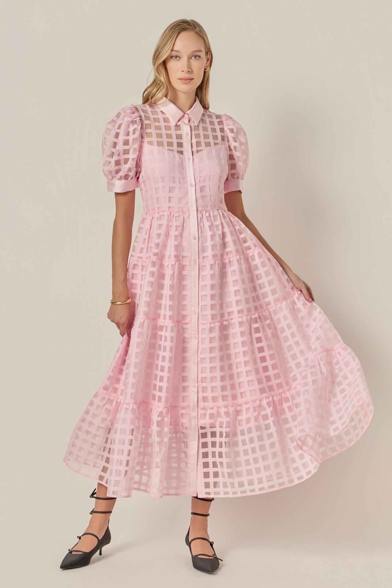 ENGLISH FACTORY - Gridded Organza Tiered Maxi Dress - DRESSES available at Objectrare