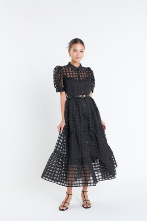 Gridded Organza Tiered Maxi Dress