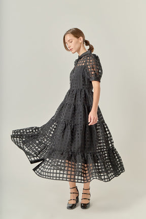 Gridded Organza Tiered Maxi Dress