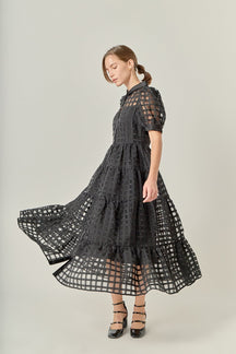 Gridded Organza Tiered Collared Maxi Dress