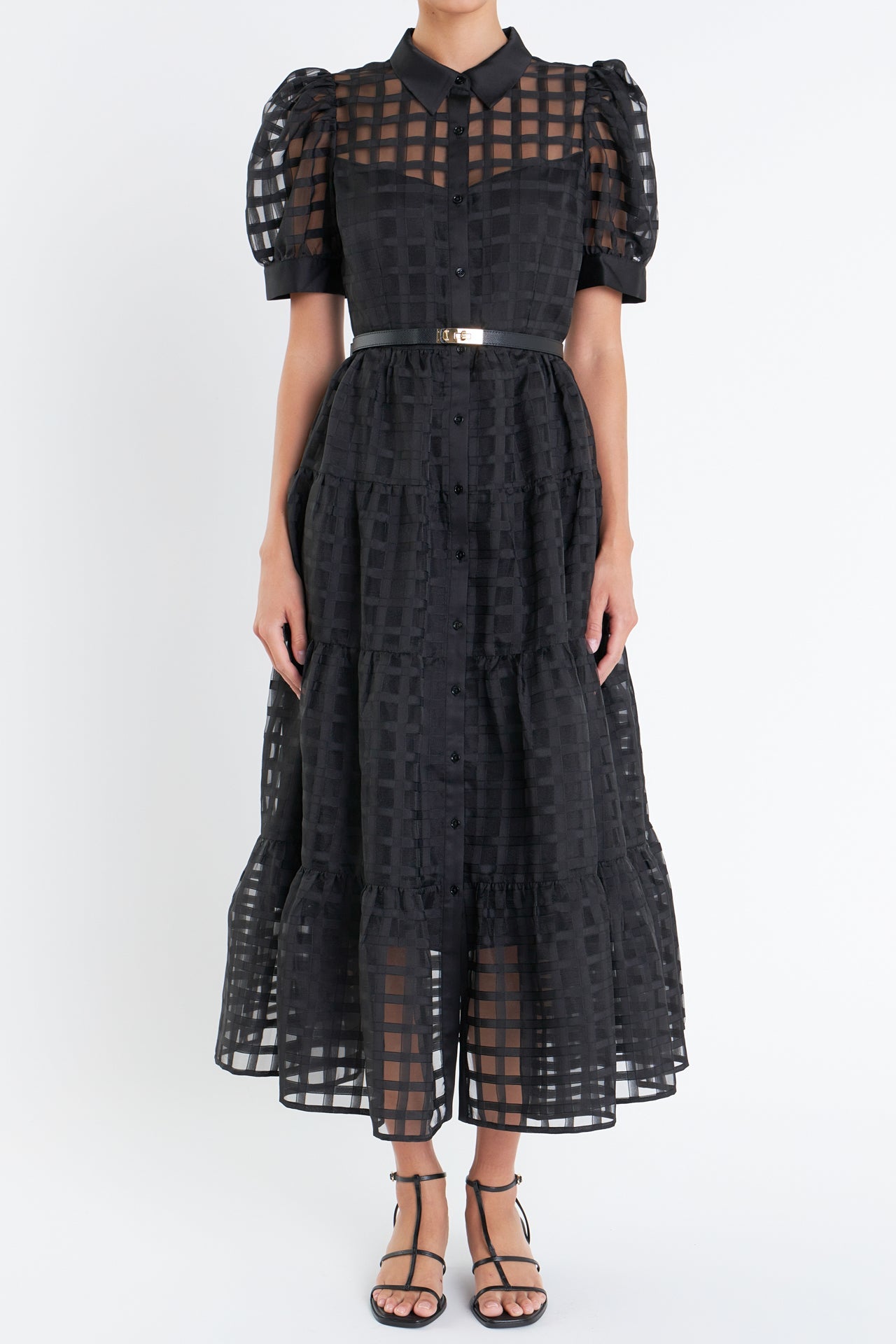 English Factory - Gridded Organza Tiered Puff Sleeve Maxi Dress