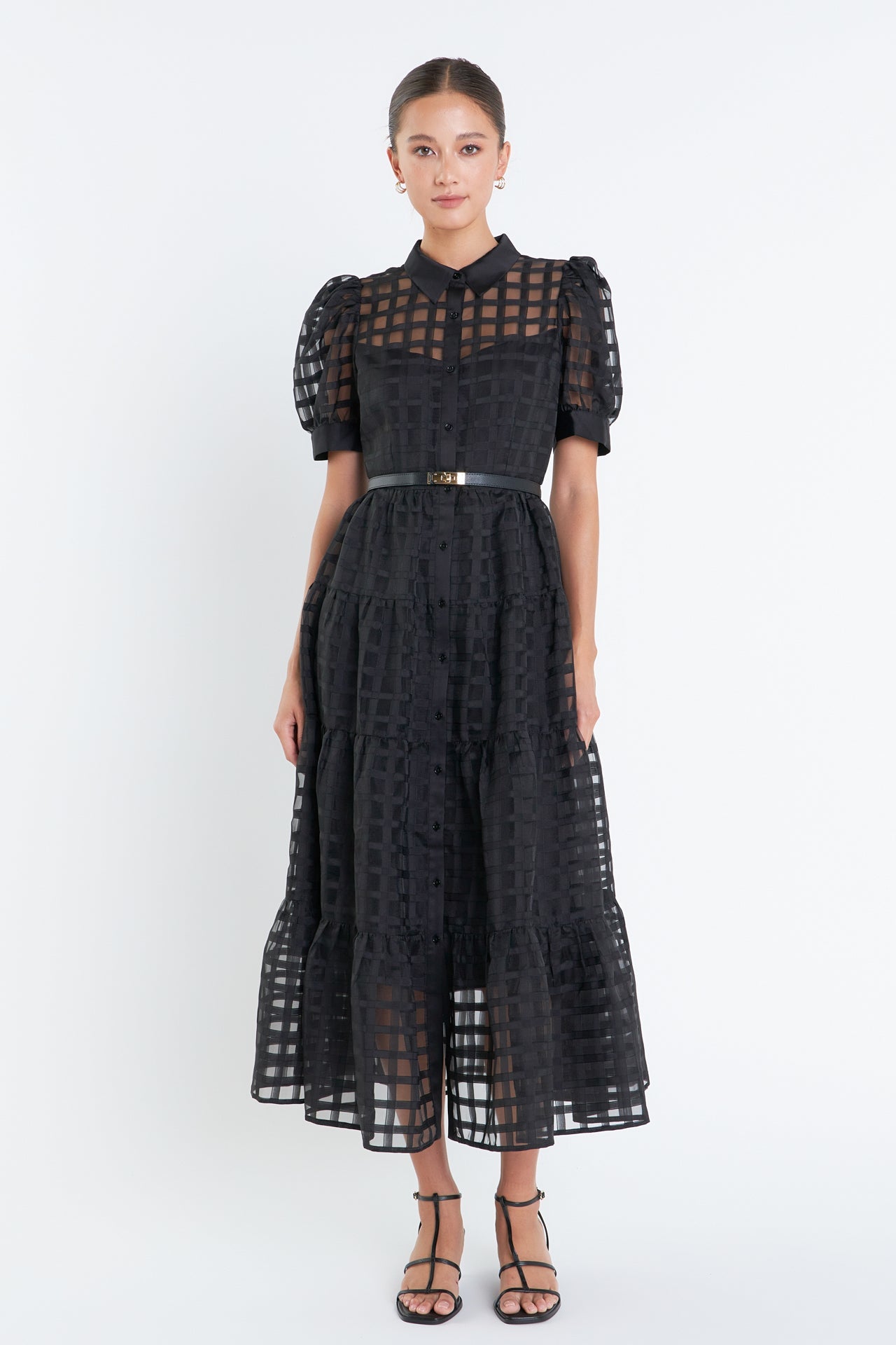 English Factory - Gridded Organza Tiered Puff Sleeve Maxi Dress