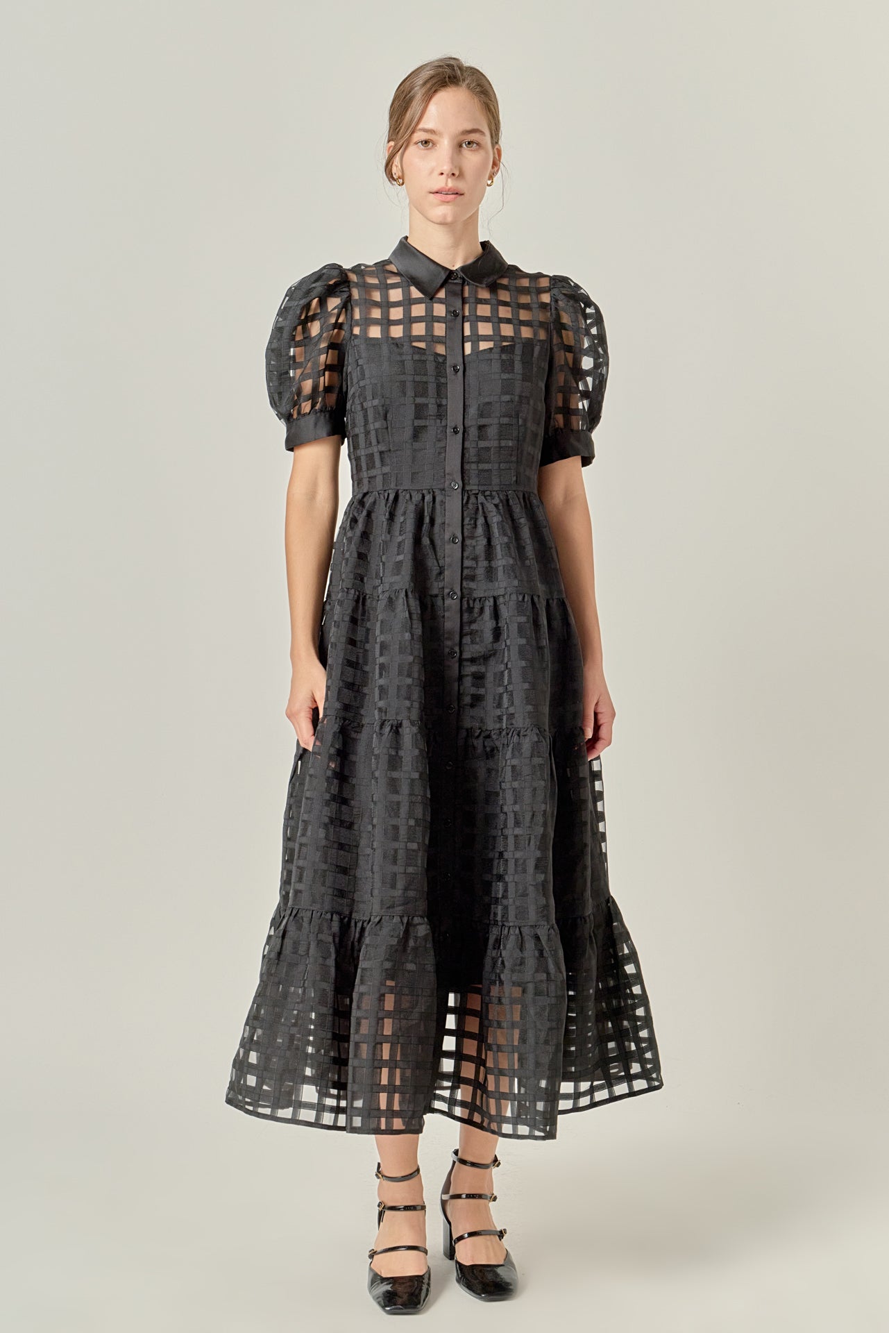 Gridded Organza Tiered Maxi Dress