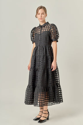 Gridded Organza Tiered Maxi Dress