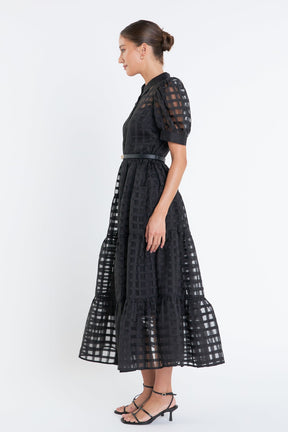 English Factory - Gridded Organza Tiered Puff Sleeve Maxi Dress