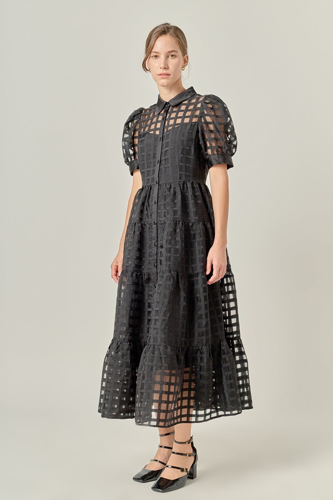 Gridded Organza Tiered Maxi Dress