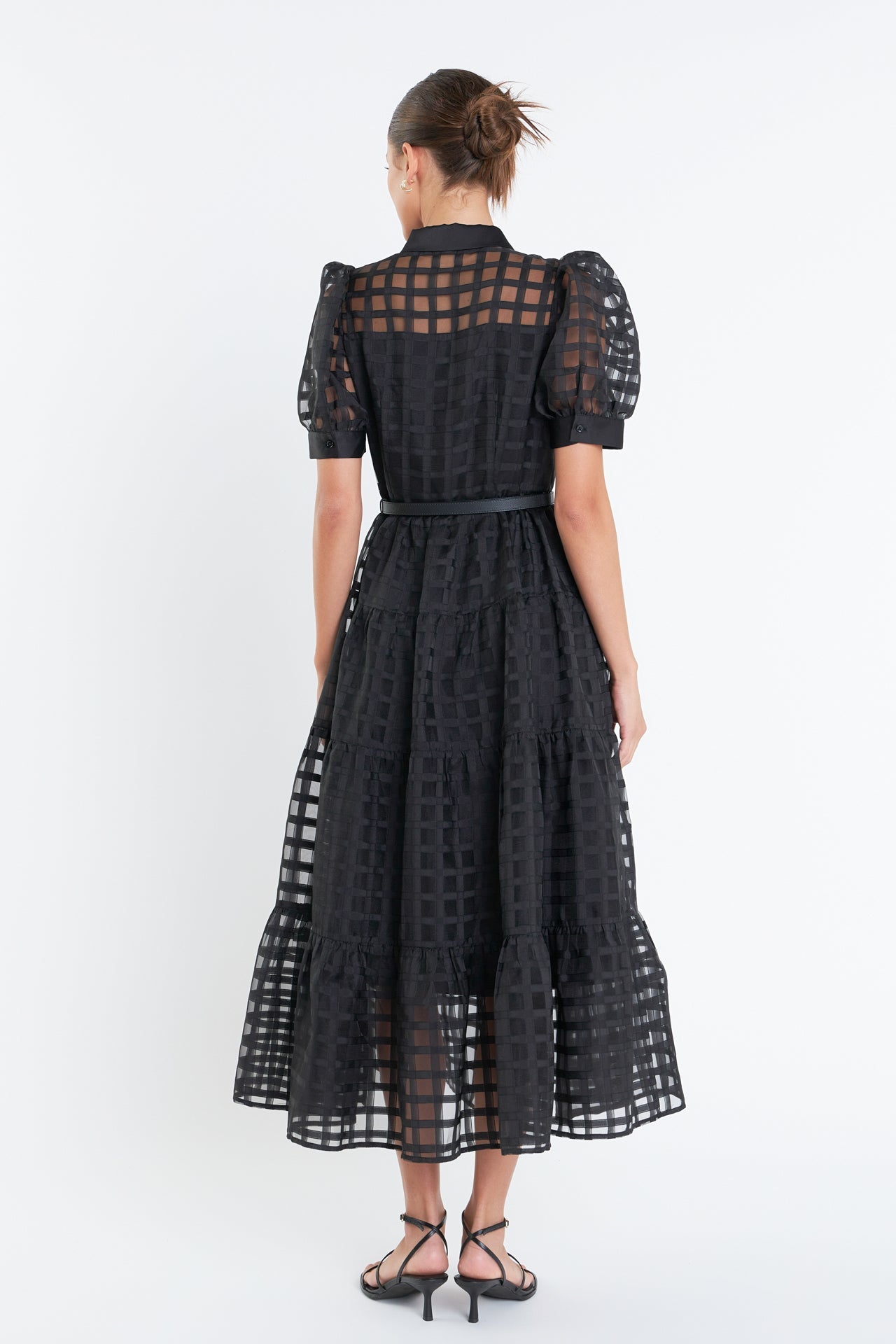 English Factory - Gridded Organza Tiered Puff Sleeve Maxi Dress