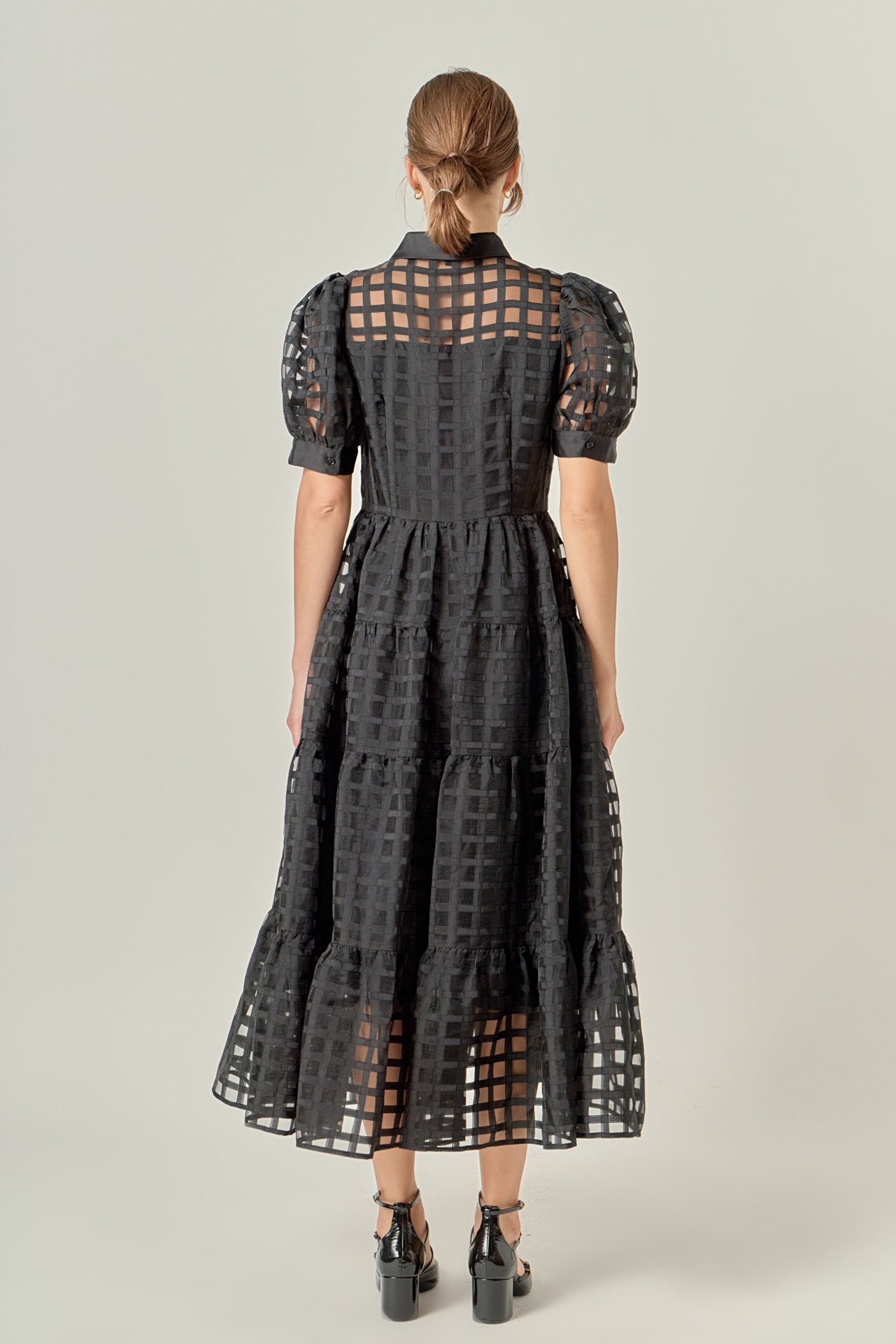 Gridded Organza Tiered Maxi Dress