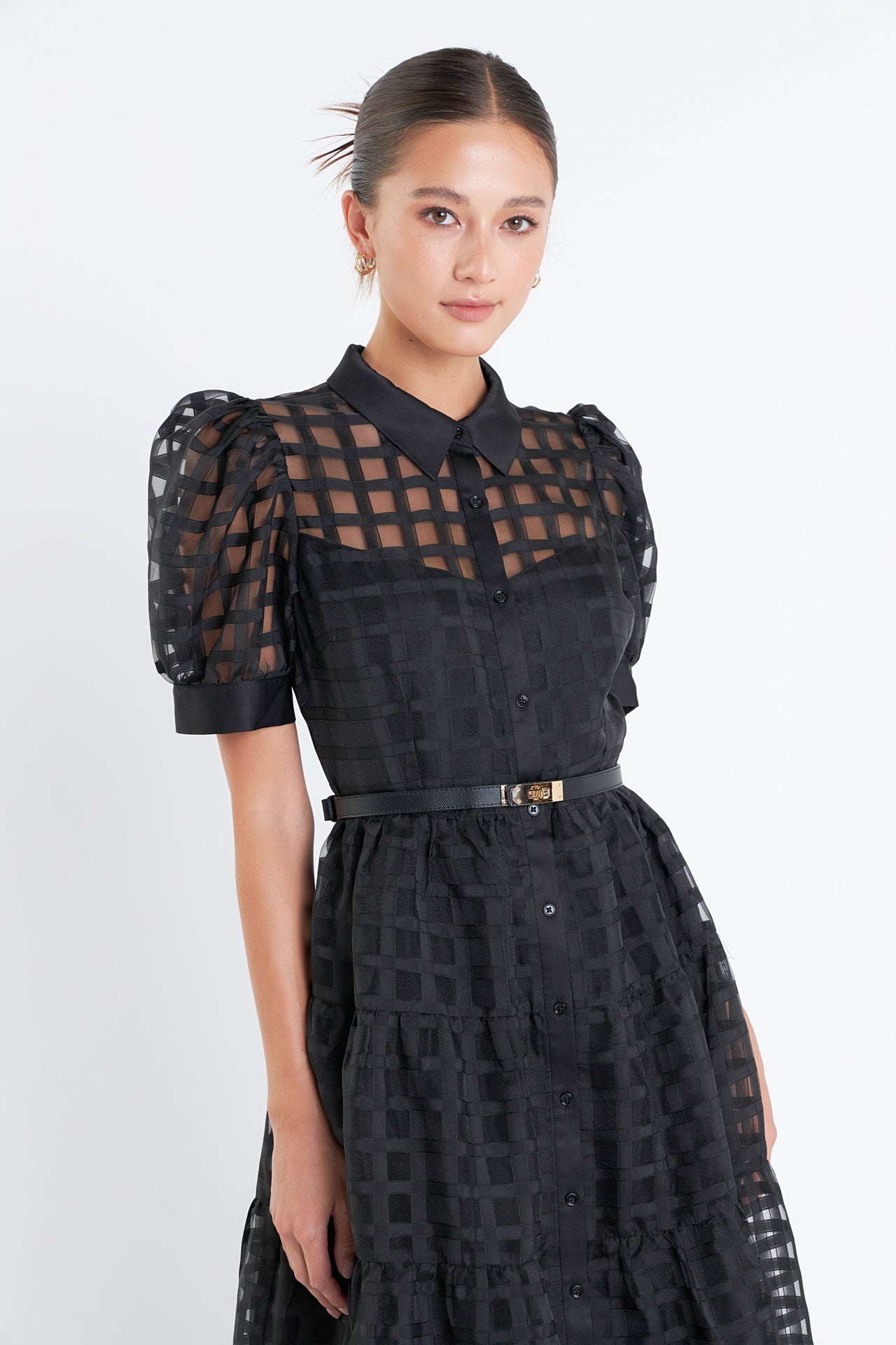 English Factory - Gridded Organza Tiered Puff Sleeve Maxi Dress