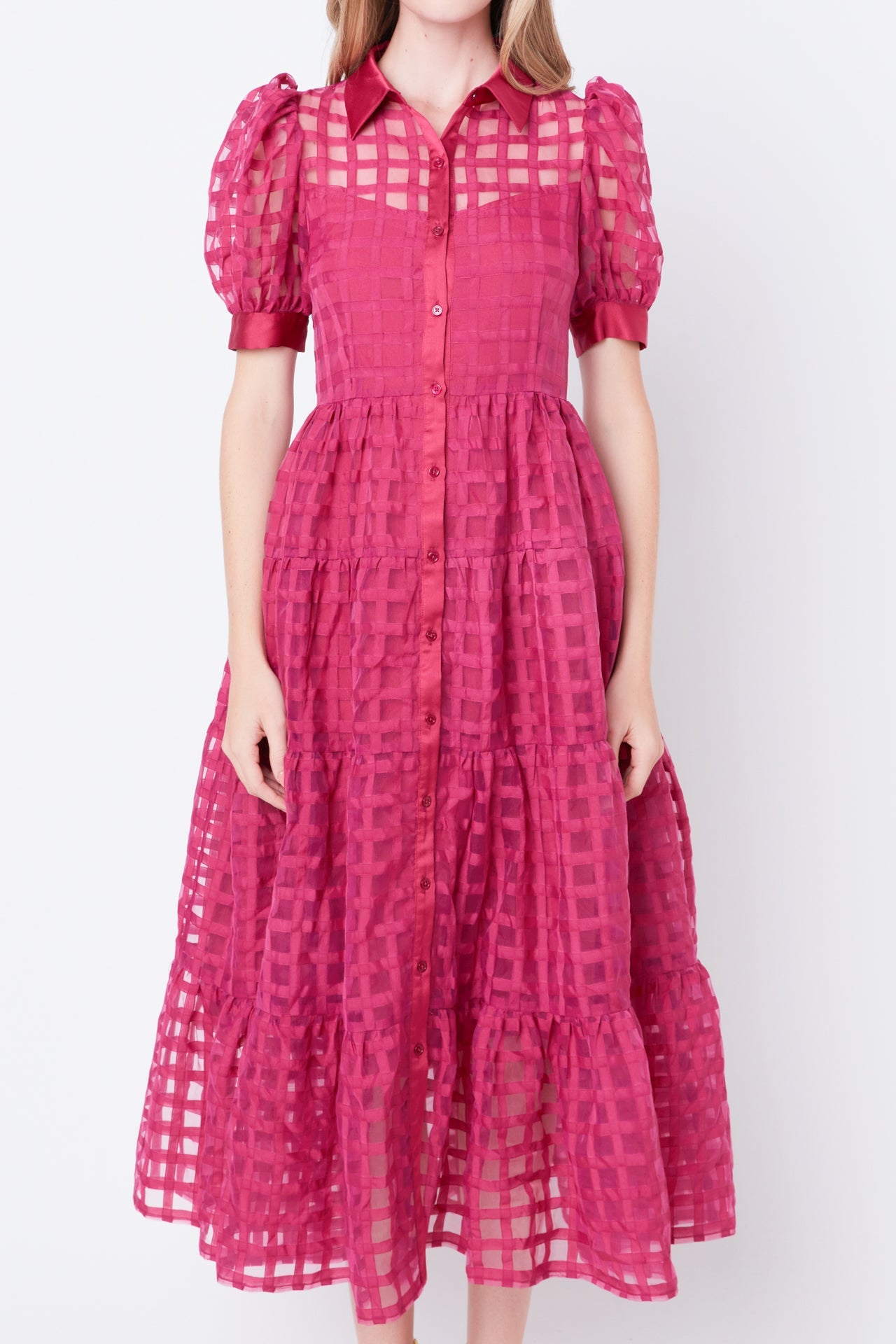 English Factory - Gridded Organza Tiered Puff Sleeve Maxi Dress