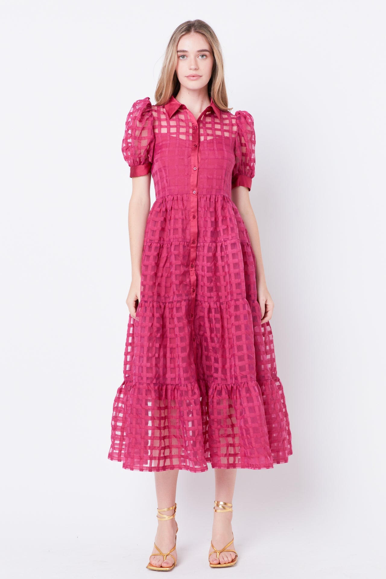 English Factory - Gridded Organza Tiered Puff Sleeve Maxi Dress