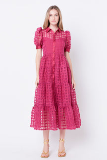 ENGLISH FACTORY - Gridded Organza Tiered Collared Maxi Dress - DRESSES available at Objectrare