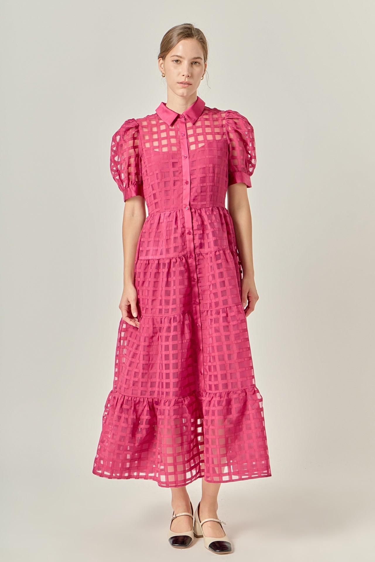 Gridded Organza Tiered Maxi Dress