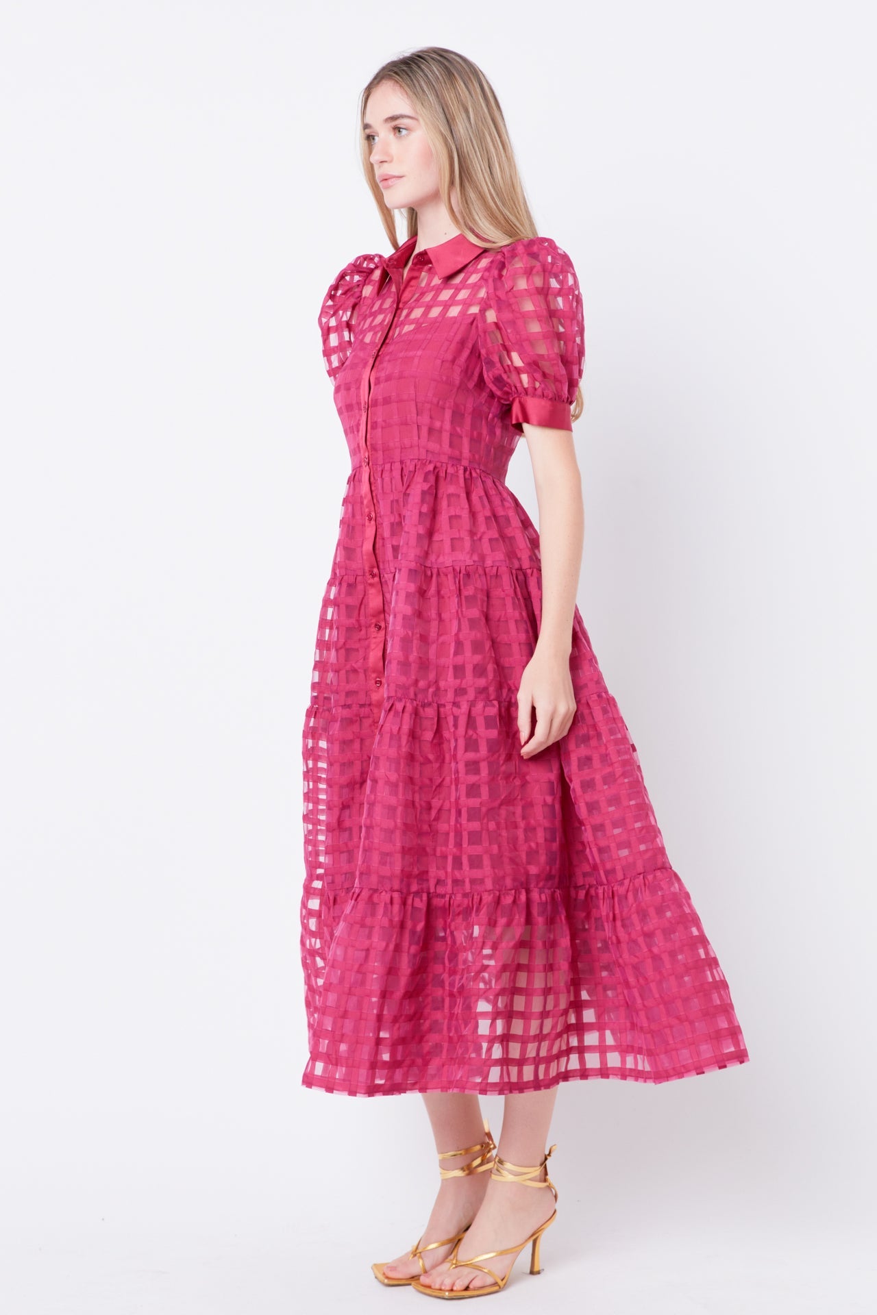 English Factory - Gridded Organza Tiered Puff Sleeve Maxi Dress