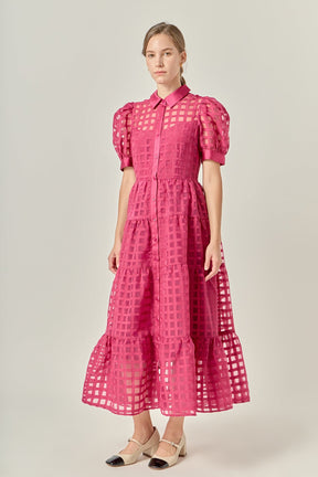 Gridded Organza Tiered Maxi Dress