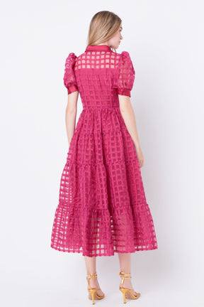 English Factory - Gridded Organza Tiered Puff Sleeve Maxi Dress