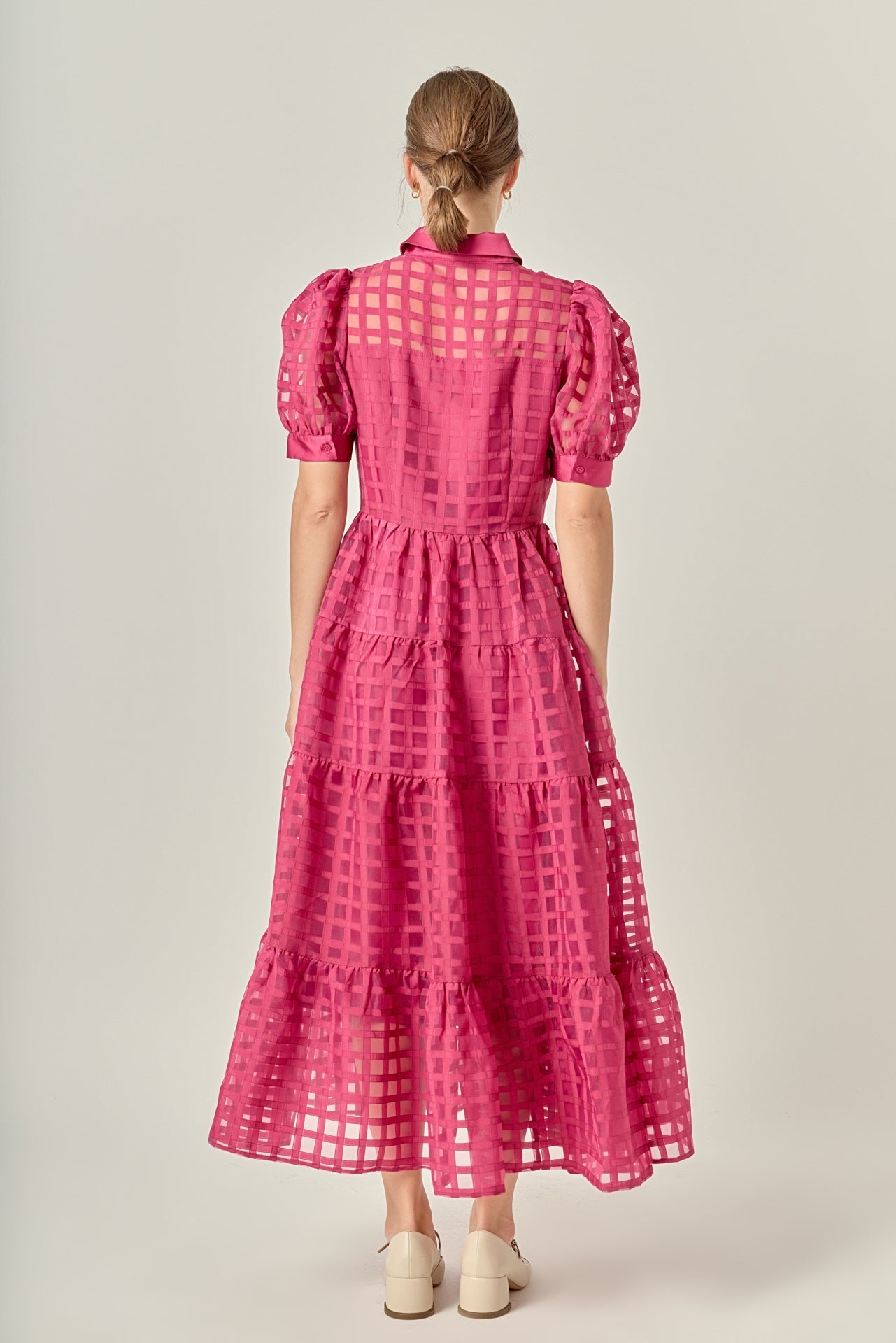 Gridded Organza Tiered Maxi Dress