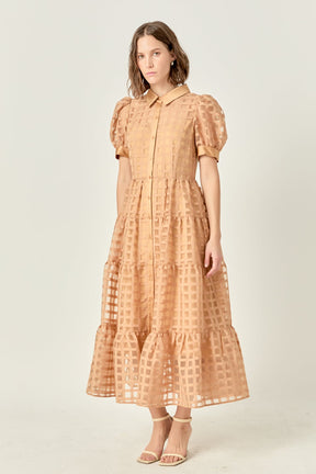 ENGLISH FACTORY - English Factory - Gridded Organza Tiered Puff Sleeve Maxi Dress - DRESSES available at Objectrare