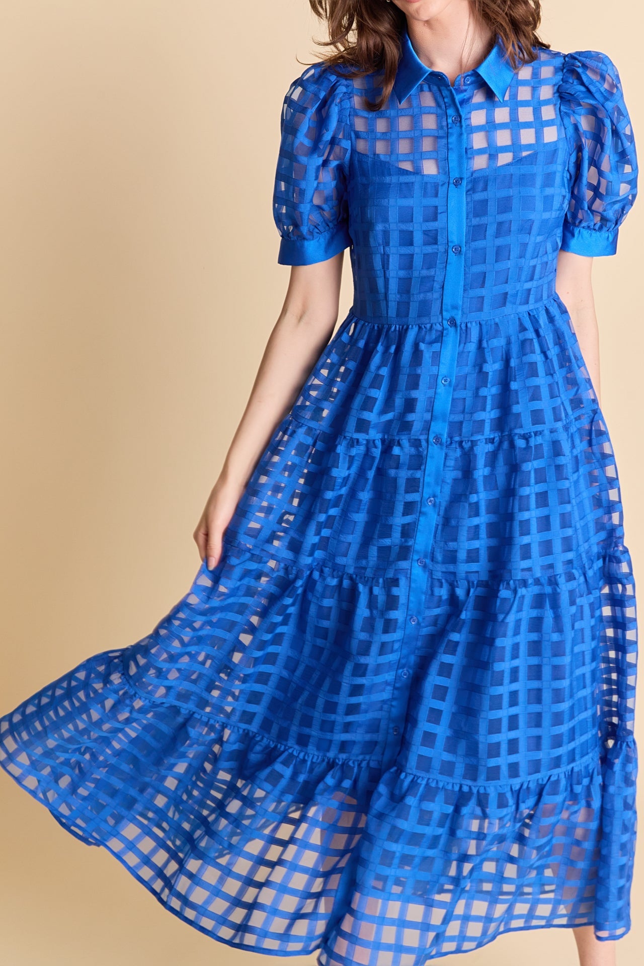 Gridded Organza Tiered Maxi Dress