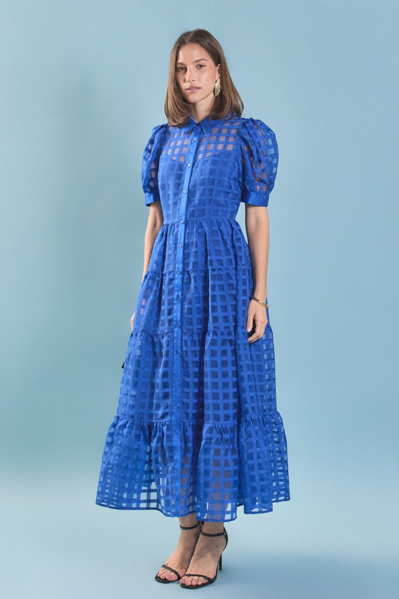 ENGLISH FACTORY - Gridded Organza Tiered Maxi Dress - DRESSES available at Objectrare