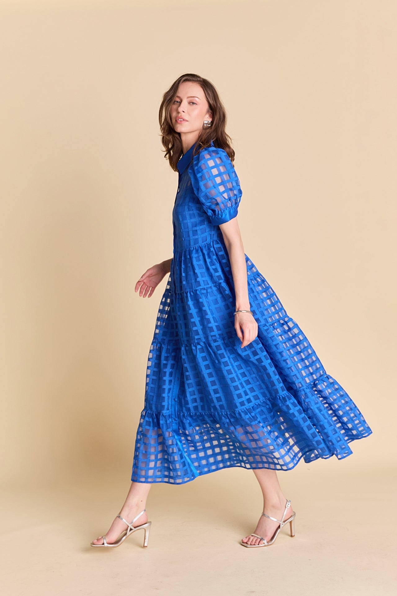 Gridded Organza Tiered Maxi Dress