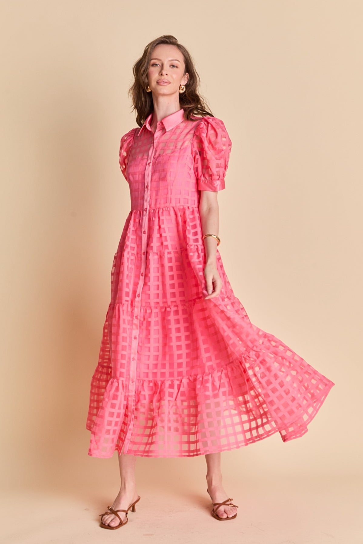 Gridded Organza Tiered Maxi Dress