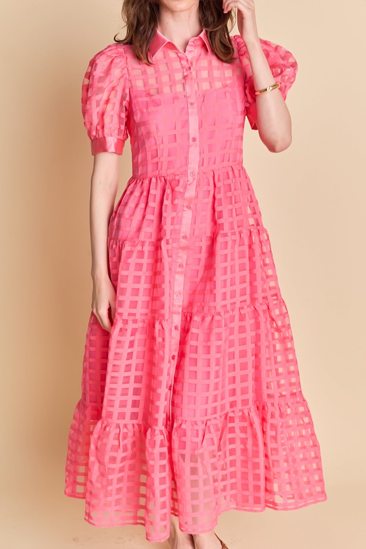 Gridded Organza Tiered Maxi Dress
