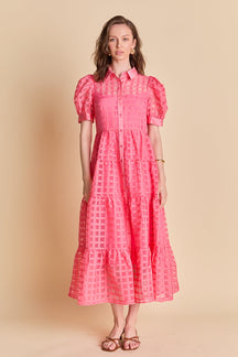 Gridded Organza Tiered Maxi Dress