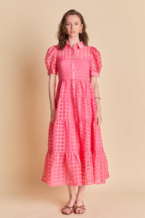 Gridded Organza Tiered Maxi Dress