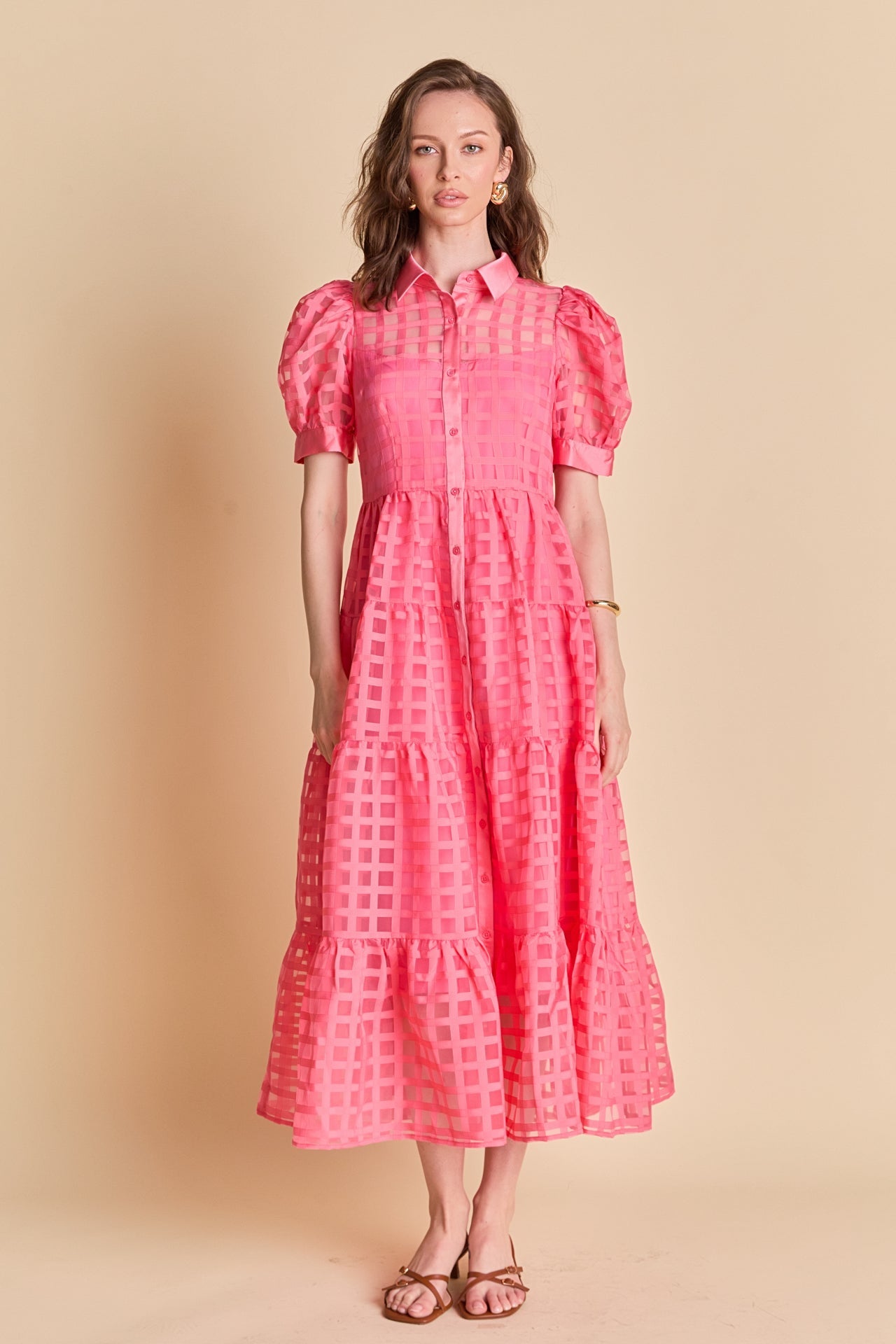 Gridded Organza Tiered Maxi Dress