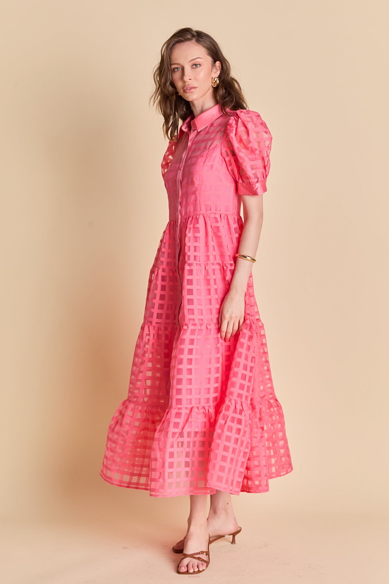 Gridded Organza Tiered Maxi Dress