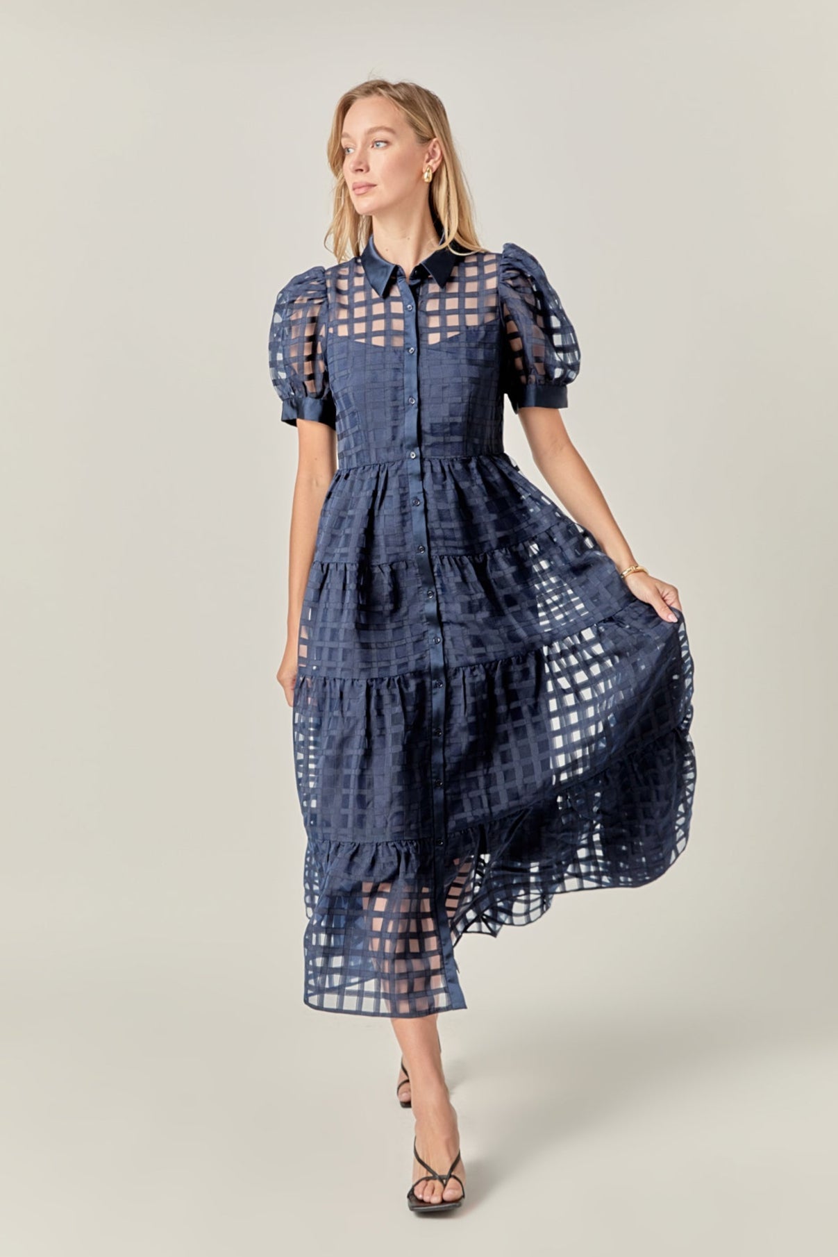 Gridded Organza Tiered Maxi Dress