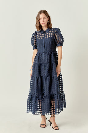 Gridded Organza Tiered Maxi Dress