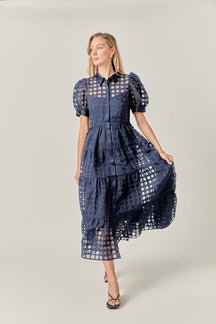 ENGLISH FACTORY - Gridded Organza Tiered Collared Maxi Dress - DRESSES available at Objectrare