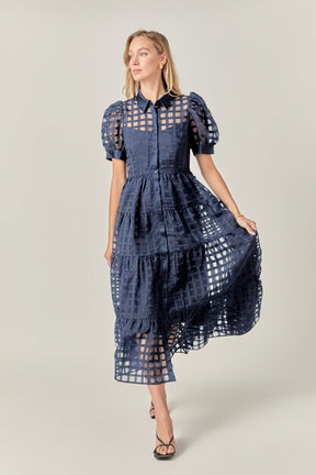 Gridded Organza Tiered Maxi Dress