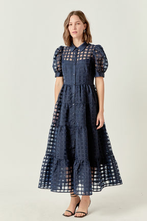 Gridded Organza Tiered Maxi Dress