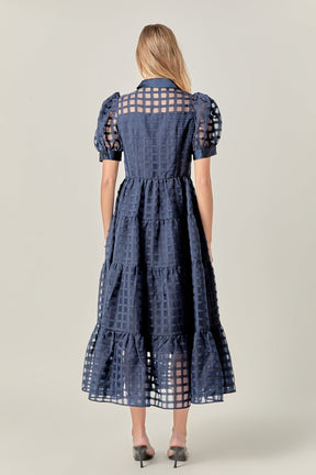 ENGLISH FACTORY - Gridded Organza Tiered Collared Maxi Dress - DRESSES available at Objectrare