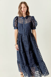 Gridded Organza Tiered Maxi Dress