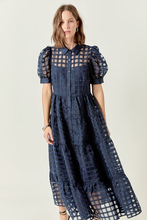 Gridded Organza Tiered Maxi Dress
