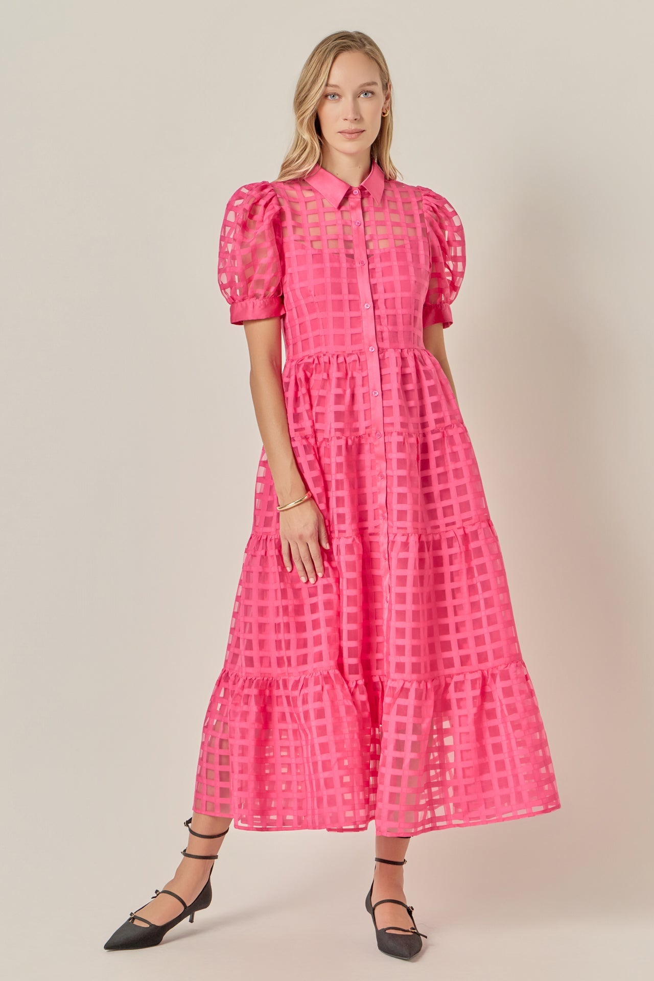 ENGLISH FACTORY - Gridded Organza Tiered Maxi Dress - DRESSES available at Objectrare